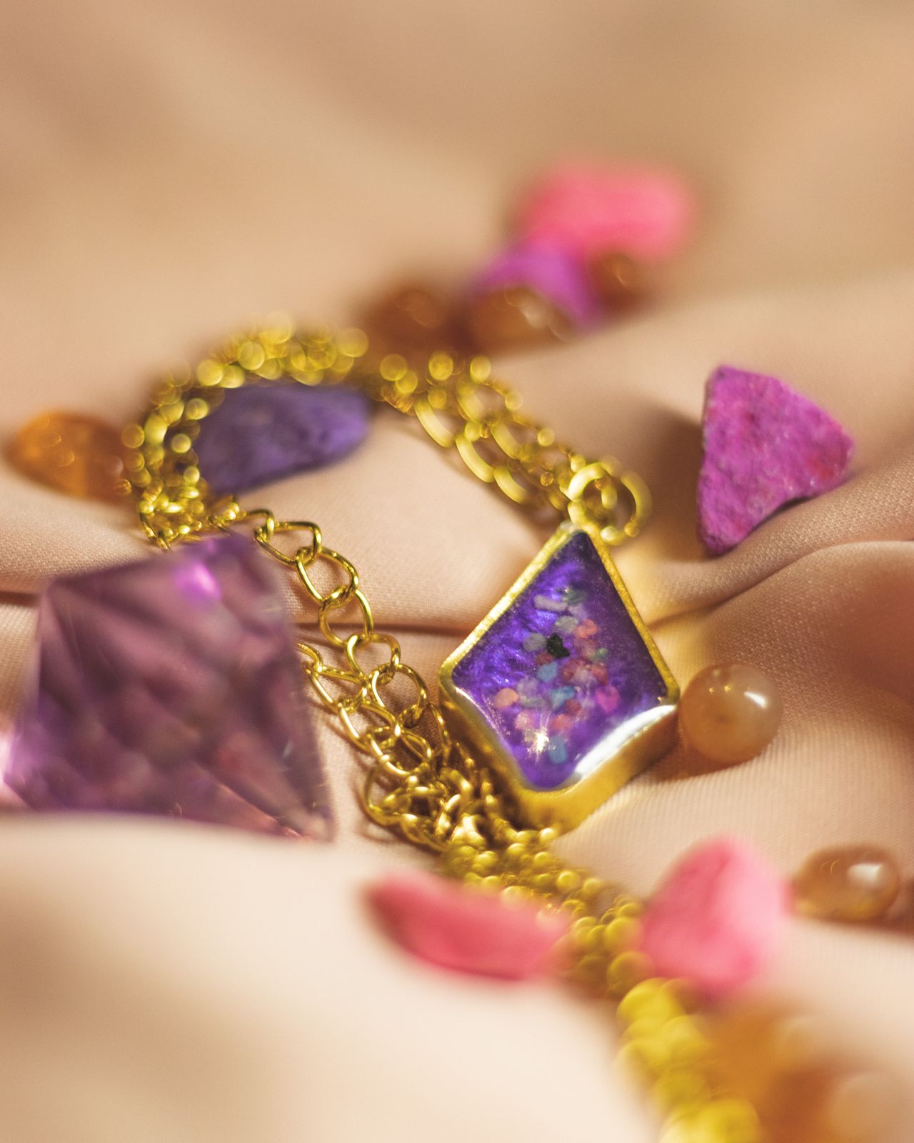 Golden Bracelet with Purple & Pink Gemstones