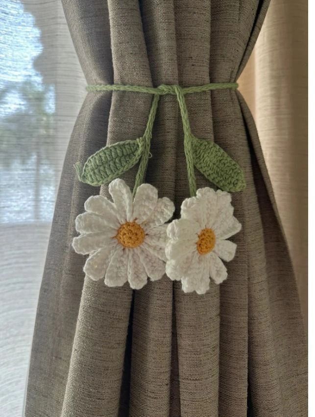 Pink Handmade Crochet Rose Curtain Tieback | Decorative Wool Curtain Holder